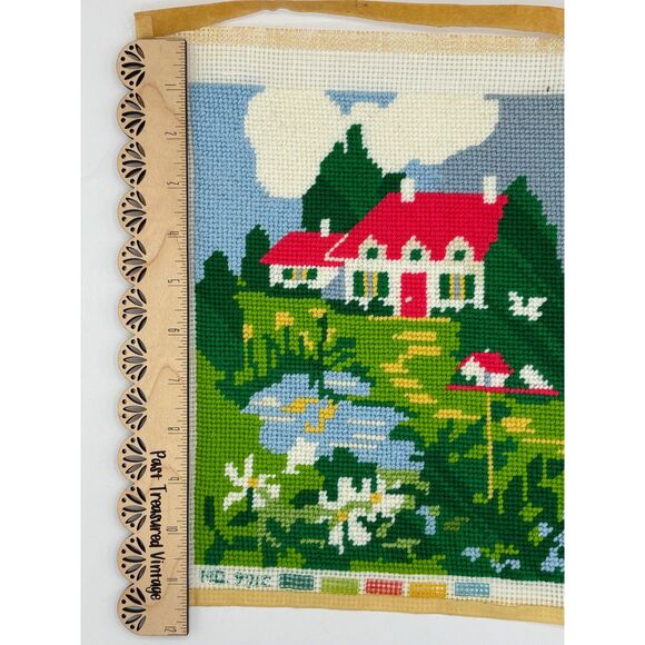 Vintage Unframed Needlepoint Country Scene Red White House 70s - Picture 5 of 5